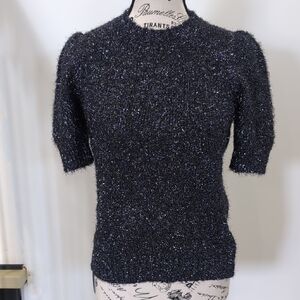 RACHEL ZOE | Women's Navy Metallic Fitted Short Sleeved Crewneck Sweater